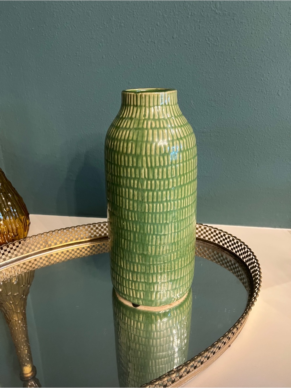 Crate and Barrel Green Textured Ceramic Vase